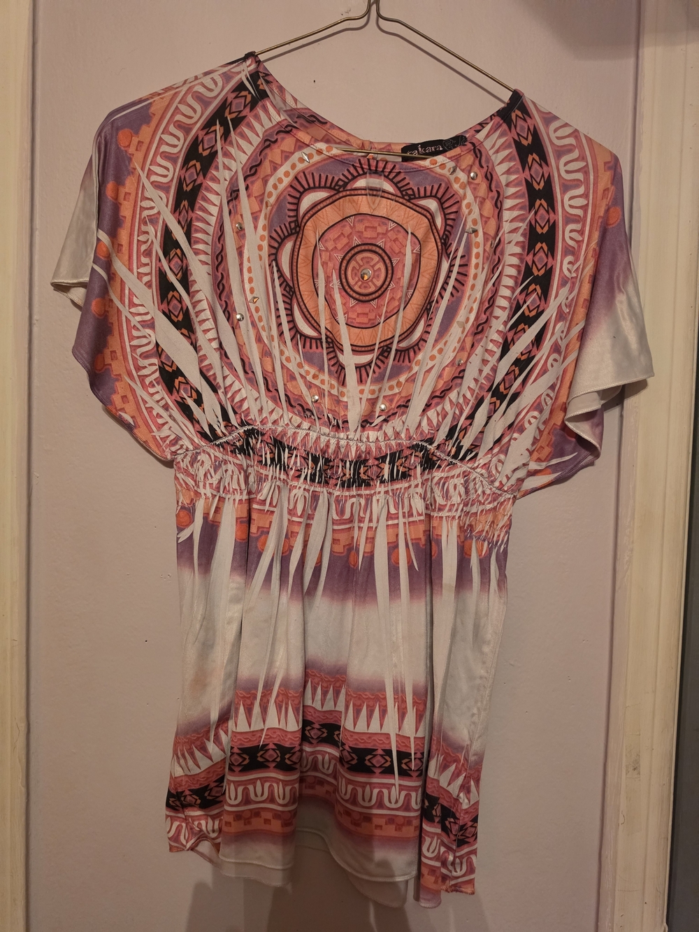 Printed Smocked Waist Tunic Top - Pink & Orange